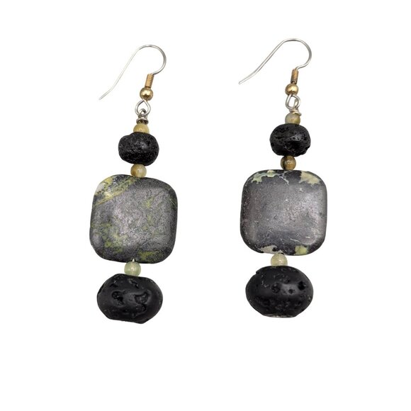 Black Lava Rock Green Tree Agate Dangle Earrings Fish Hook Closure Handmade - Picture 2 of 6